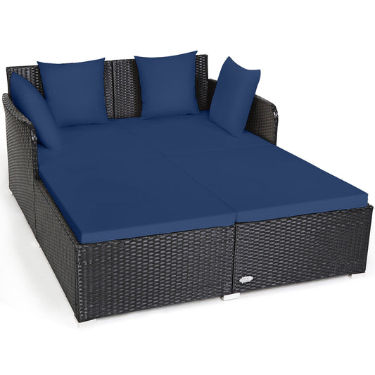 Spacious Outdoor Rattan Daybed with Upholstered Cushions and Pillows-Black - Navy