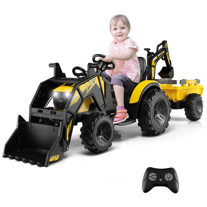 12V 3 in 1 Kids Ride On Excavator with Shovel Bucket and Music-Green - Yellow