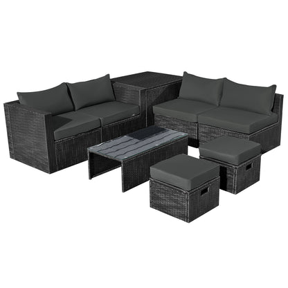 8 Pieces Patio Rattan Storage Table Furniture Set-Navy - Gray
