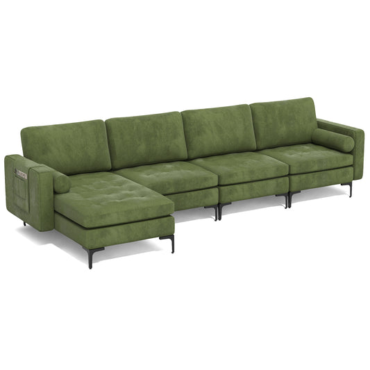 Modular L-shaped 4-Seat Sectional Sofa with Reversible Chaise and 2 USB Socket