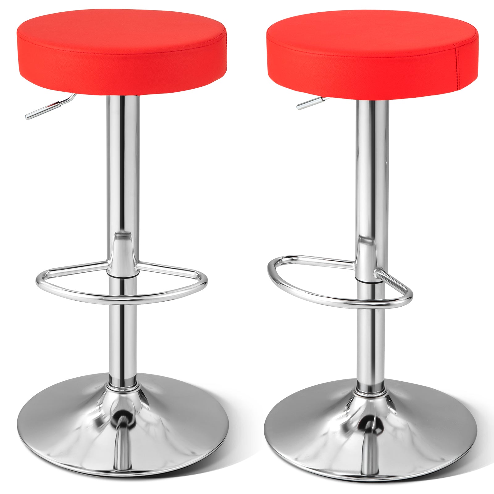 Set of 2 Adjustable Swivel Round Bar Stool Pub Chairs-Red - Red