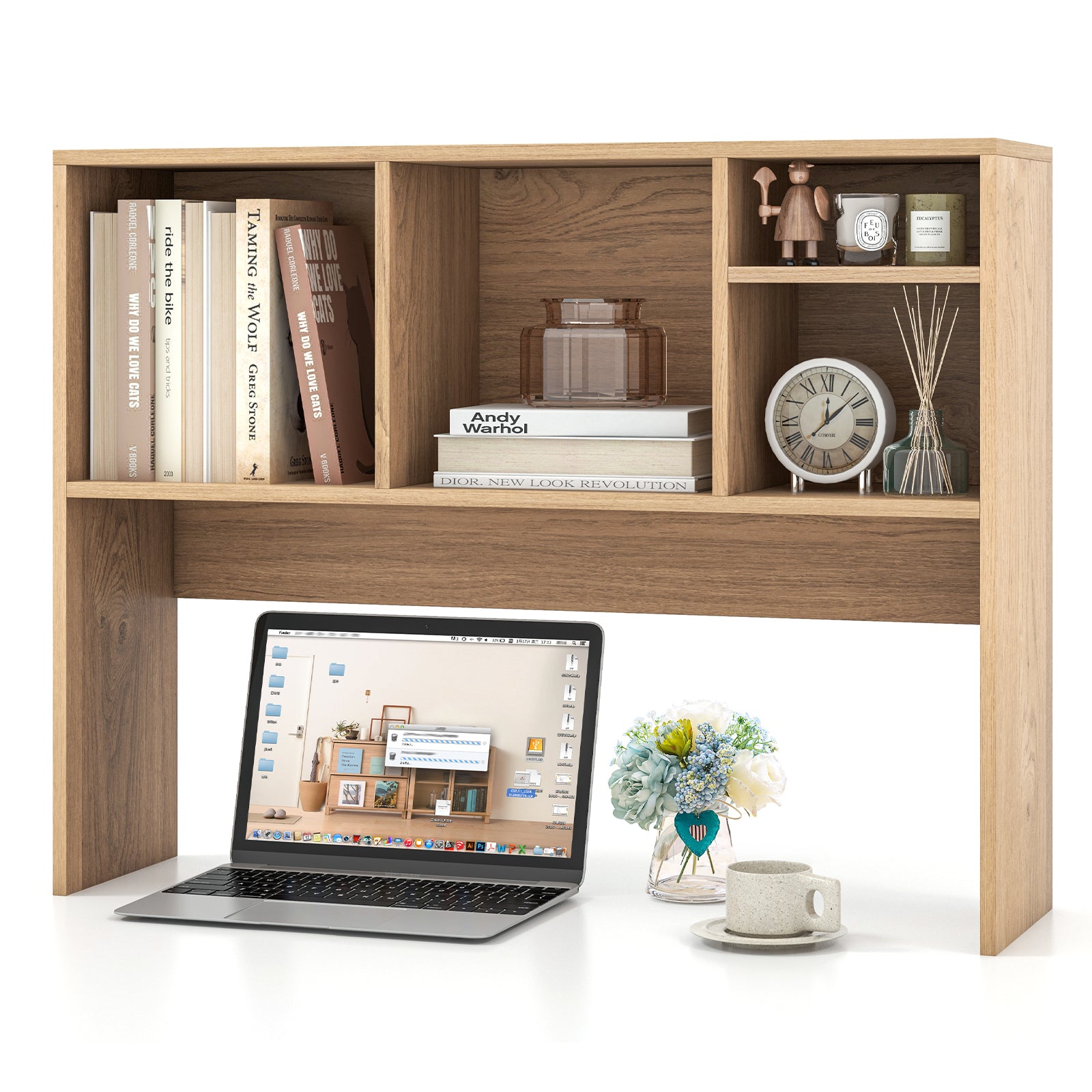 Computer Desktop Bookcase with 4 Cubbies and Open Back Compartment-Black - Natural