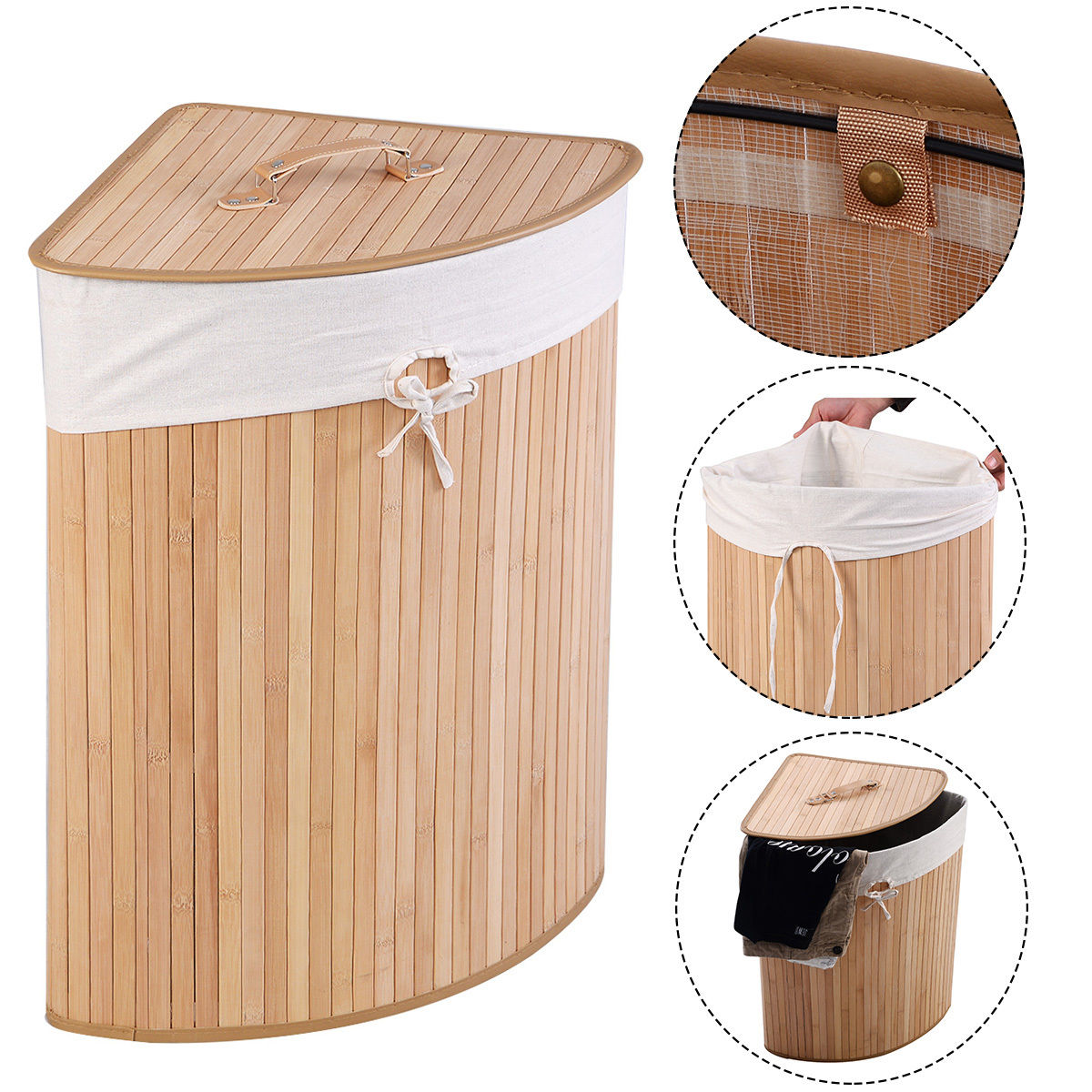 Corner Bamboo Hamper Laundry Basket-Natural - Natural