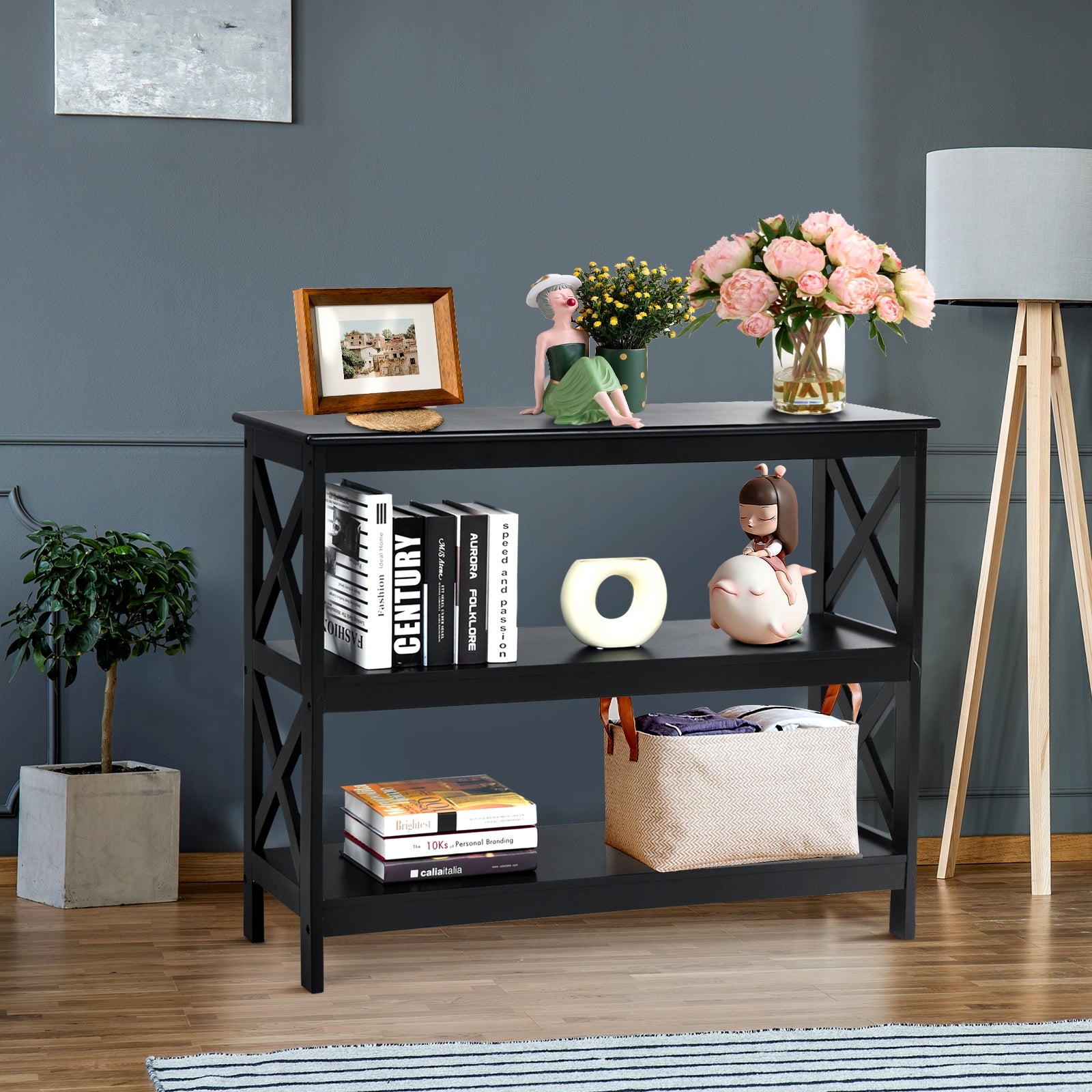 3-Tier Console X-Design Sofa Side Accent Table-Black