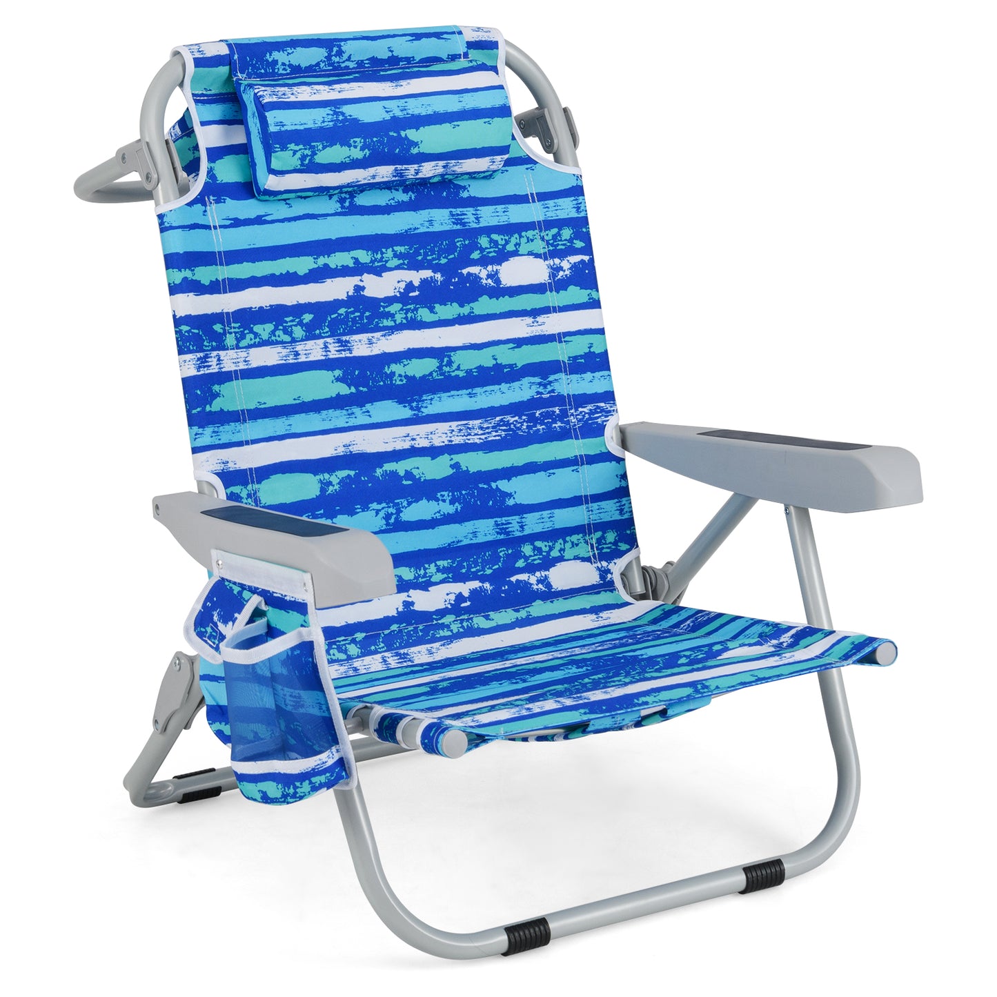 1 Piece Foldable Backpack Beach Chair with Cup Holder and Storage Pockets for Outdoor-Blue and Green - Navy