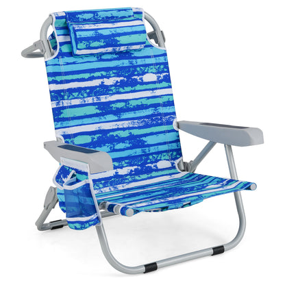 1 Piece Foldable Backpack Beach Chair with Cup Holder and Storage Pockets for Outdoor-Blue and Green - Navy