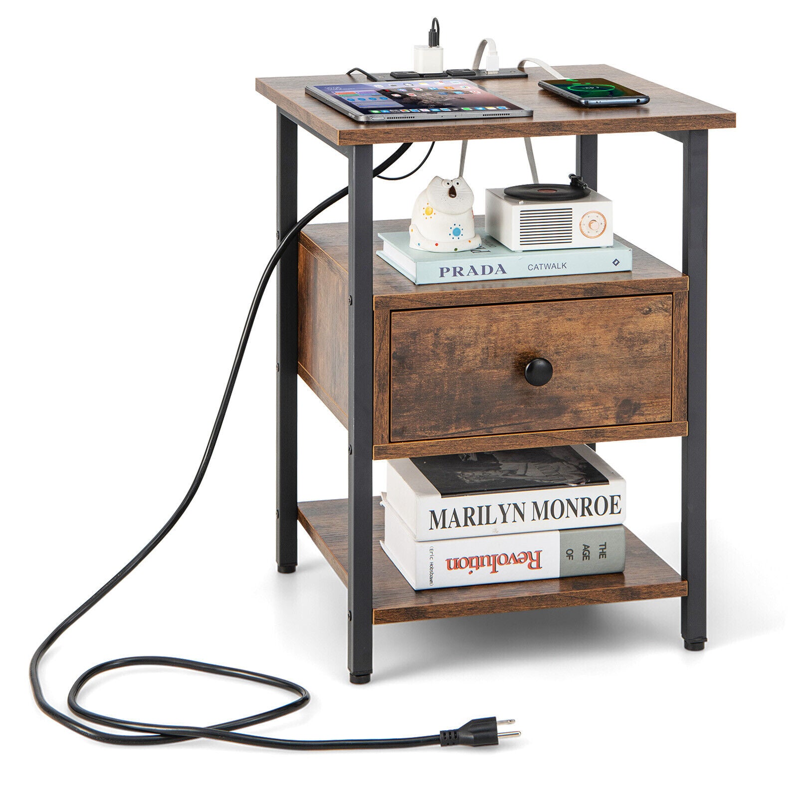 1/2 Pieces 3-Tier Nightstand with Charging Station and Drawer-1 Piece
