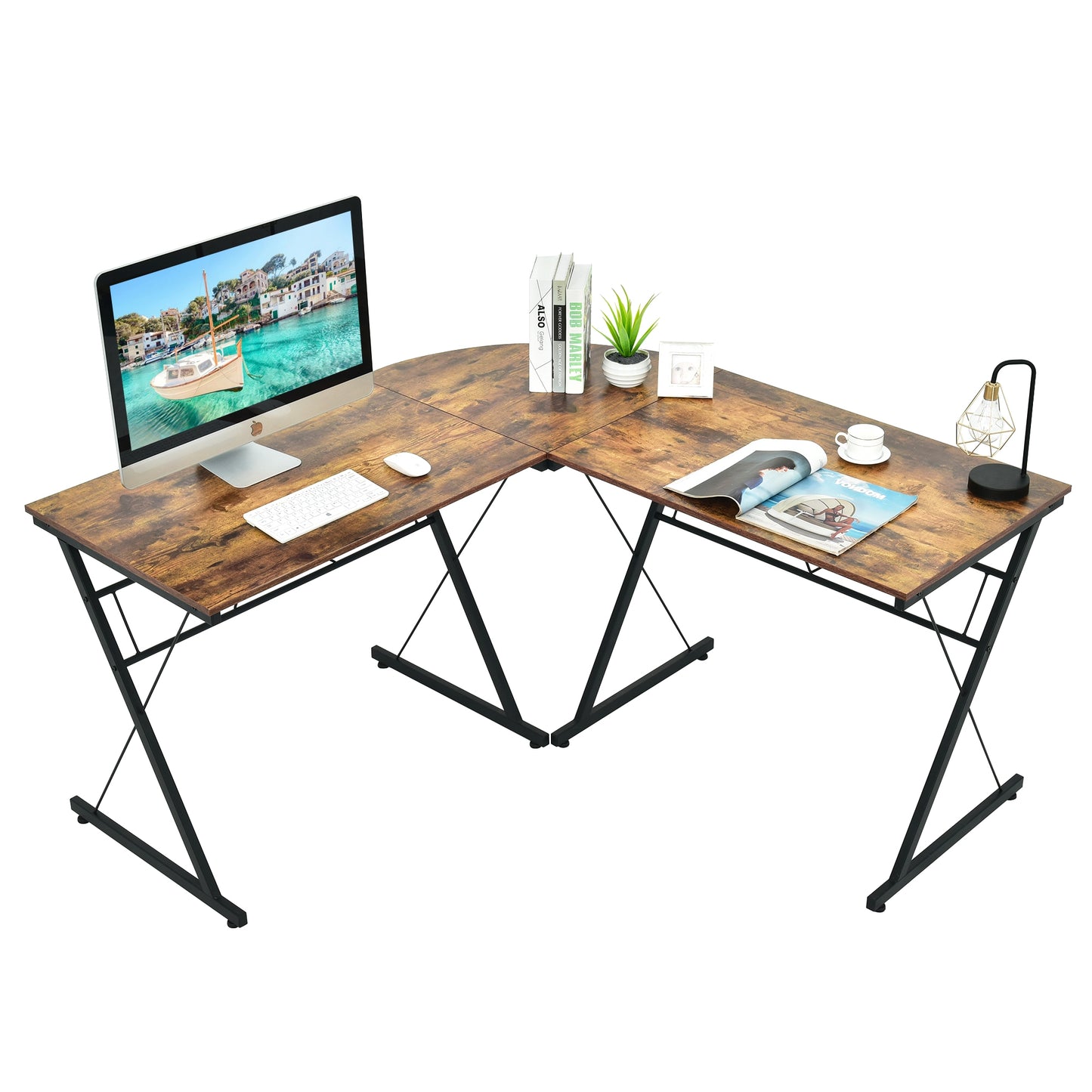59 Inches L-Shaped Corner Desk Computer Table for Home Office Study Workstation-Brown - Brown