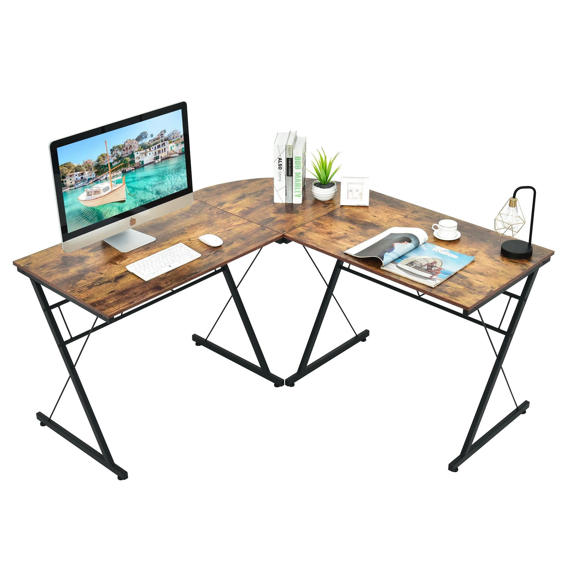59 Inches L-Shaped Corner Desk Computer Table for Home Office Study Workstation-Brown - Brown