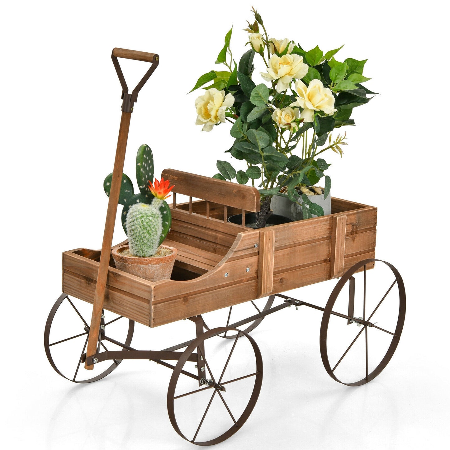 Wooden Wagon Plant Bed With Wheel for Garden Yard-Brown - Brown