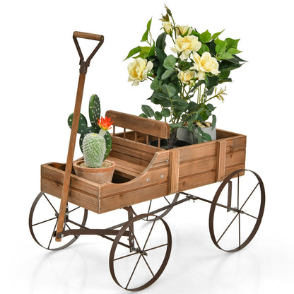 Wooden Wagon Plant Bed With Wheel for Garden Yard-Brown - Brown
