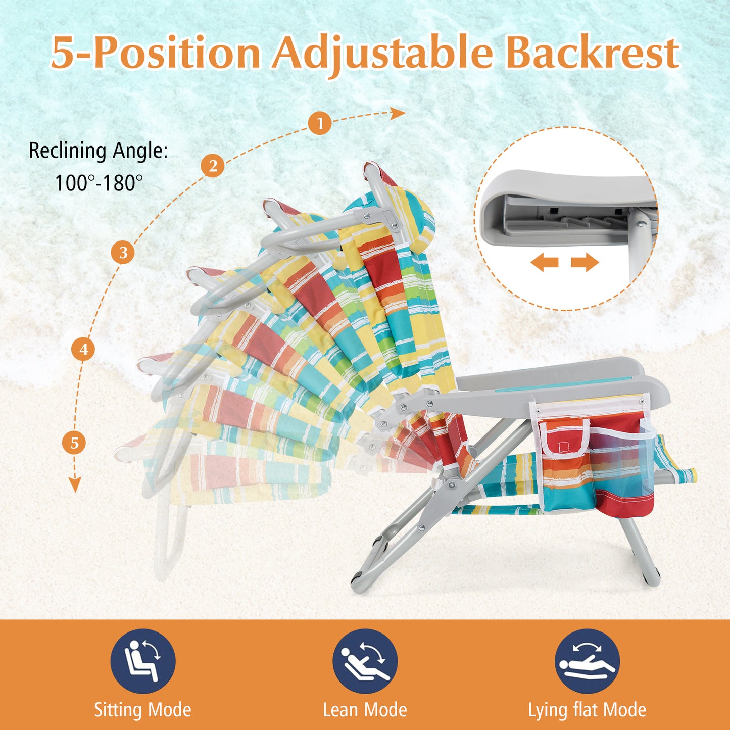 1 Piece Foldable Backpack Beach Chair with Cup Holder and Storage Pockets for Outdoor
