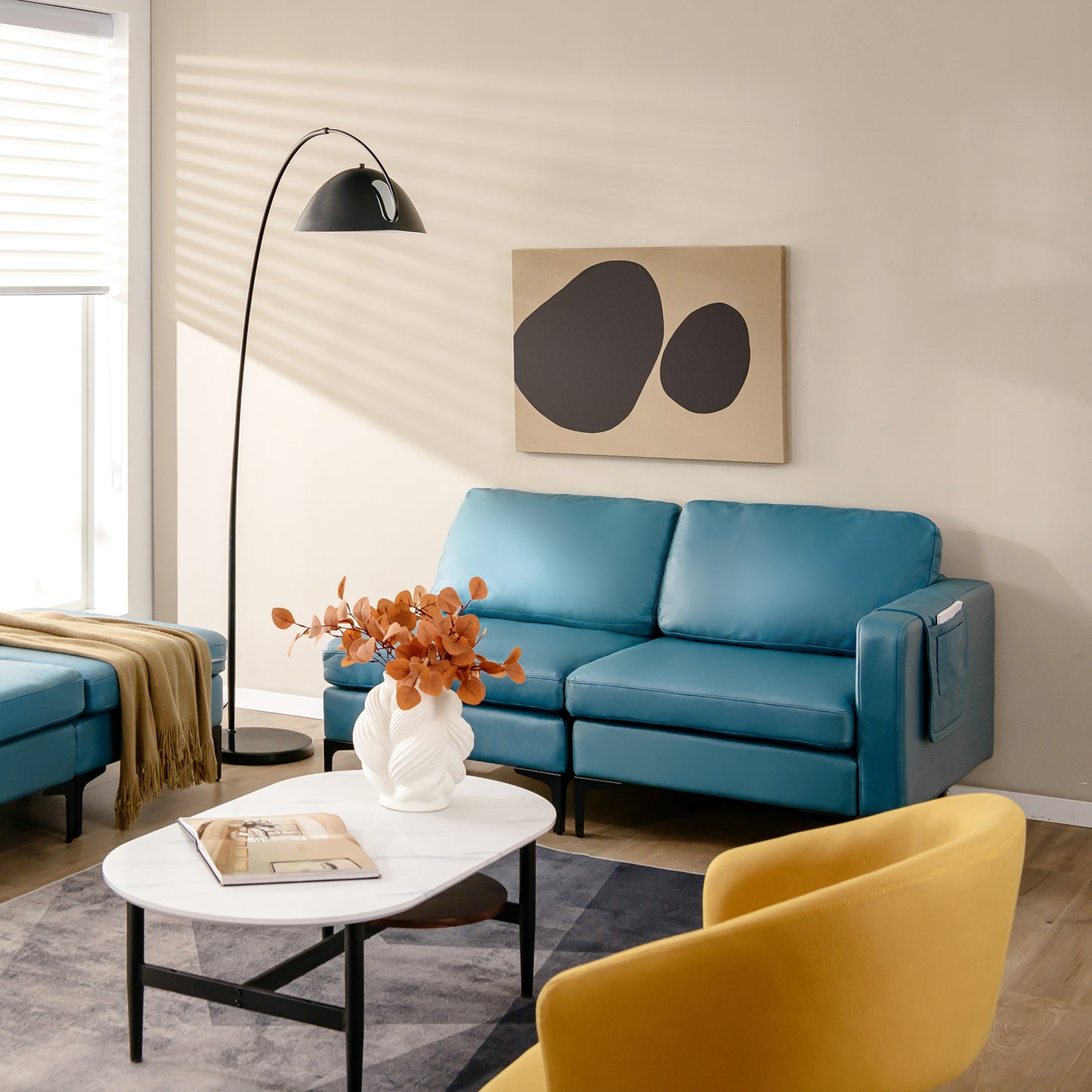 Modular L-shaped Sectional Sofa with Reversible Ottoman and 2 USB Ports-Blue