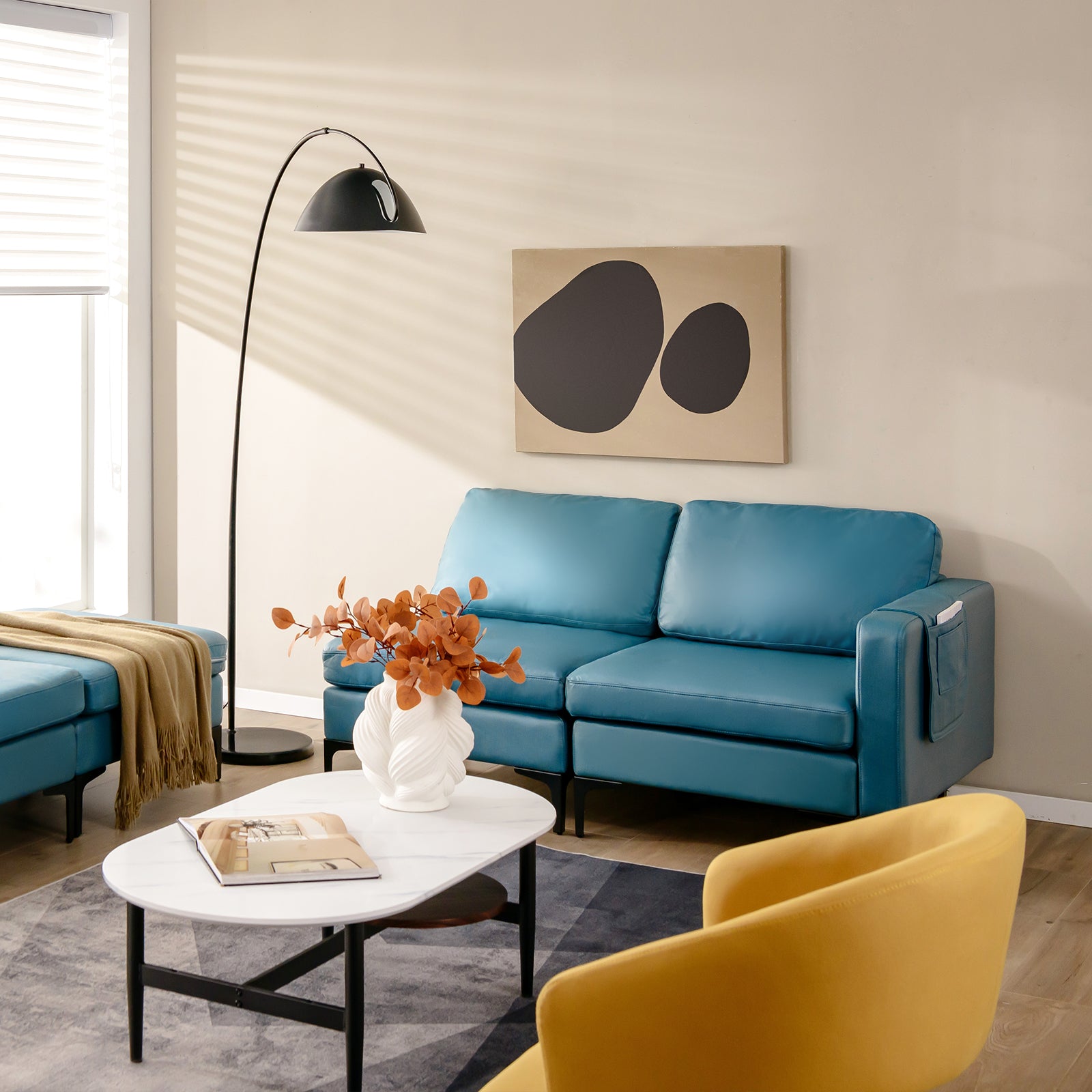 Modular L-shaped Sectional Sofa with Reversible Ottoman and 2 USB Ports-Blue