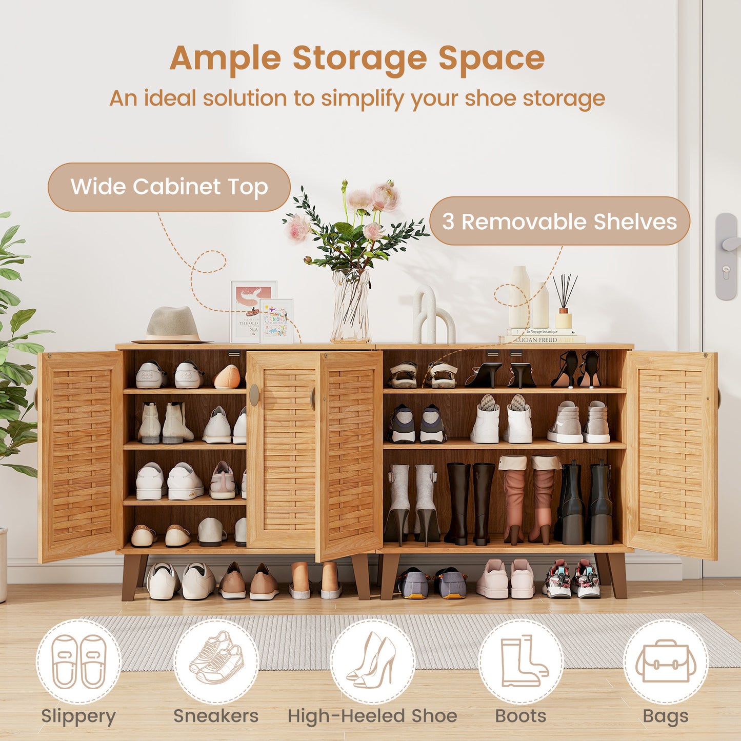 2-Door 4-Tier Shoe Cabinet Storage Organizer with Ventilated Woven Doors-Teak
