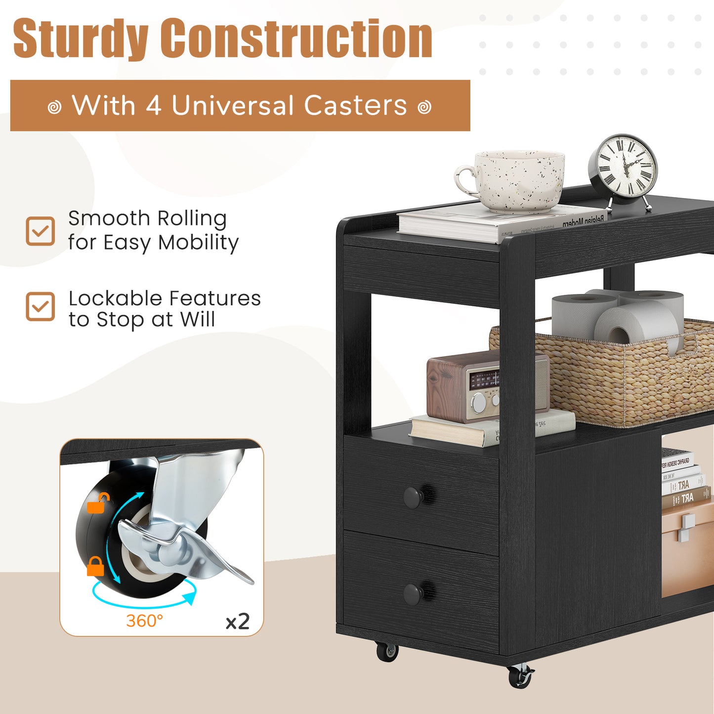 2-Drawer Sofa Side Table with Shelves for Living Room-Black