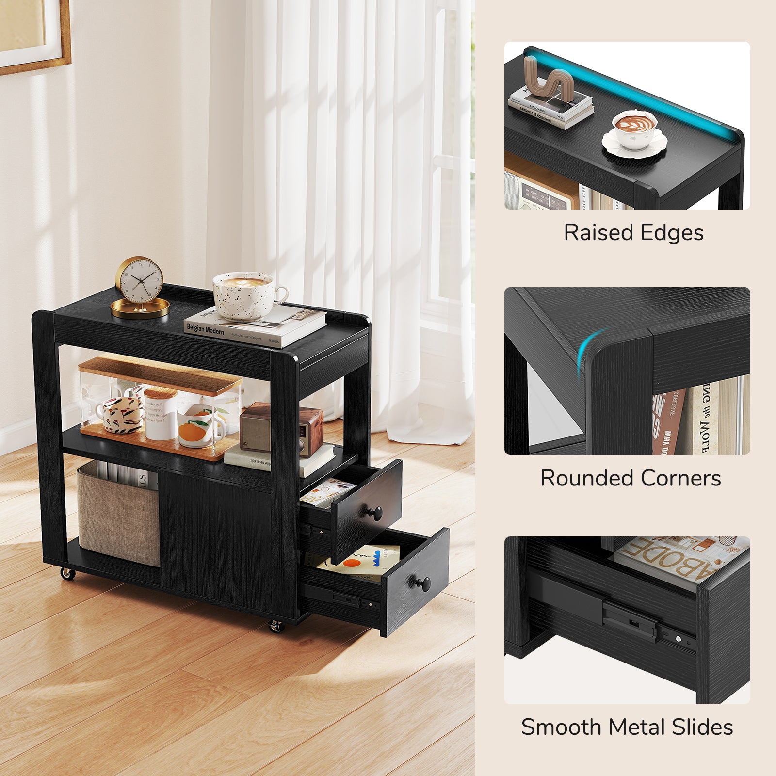 2-Drawer Sofa Side Table with Shelves for Living Room-Black