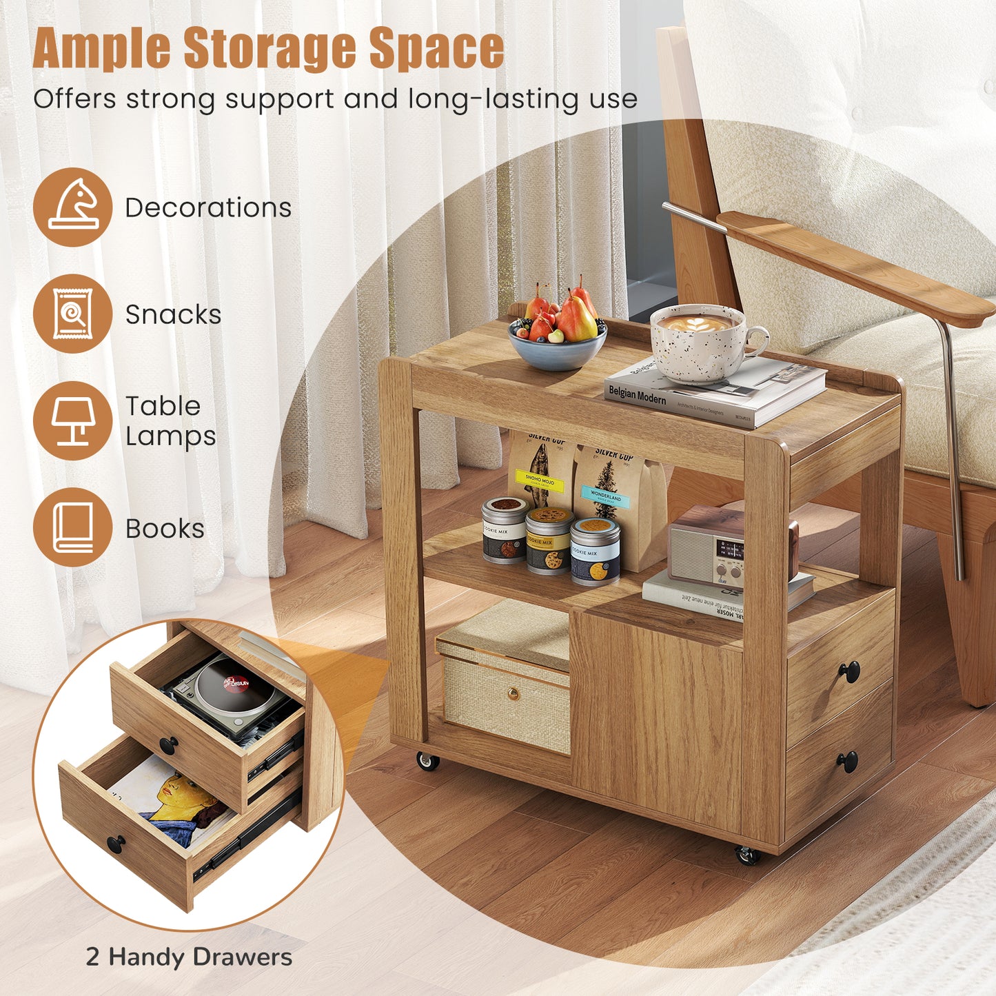 2-Drawer Sofa Side Table with Shelves for Living Room-Natural
