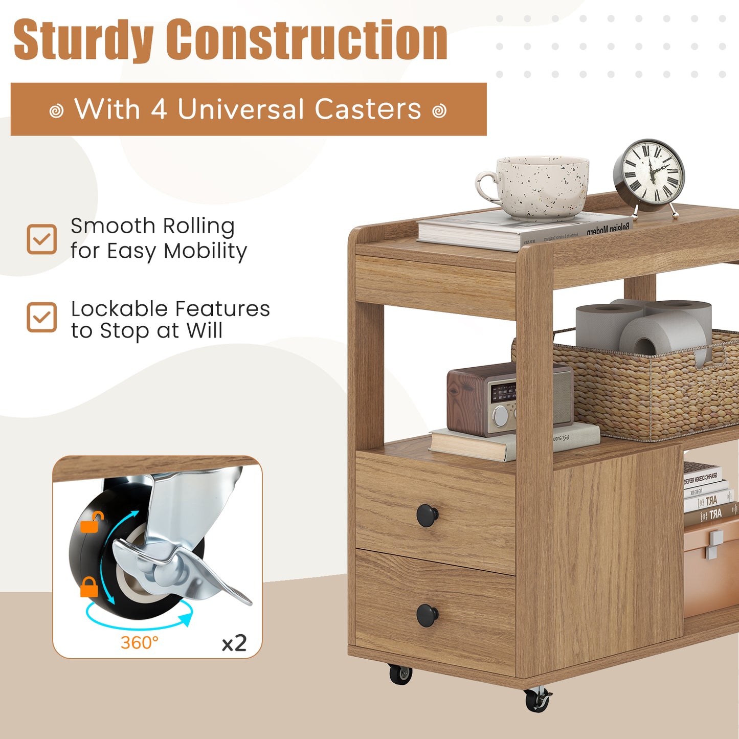 2-Drawer Sofa Side Table with Shelves for Living Room-Natural