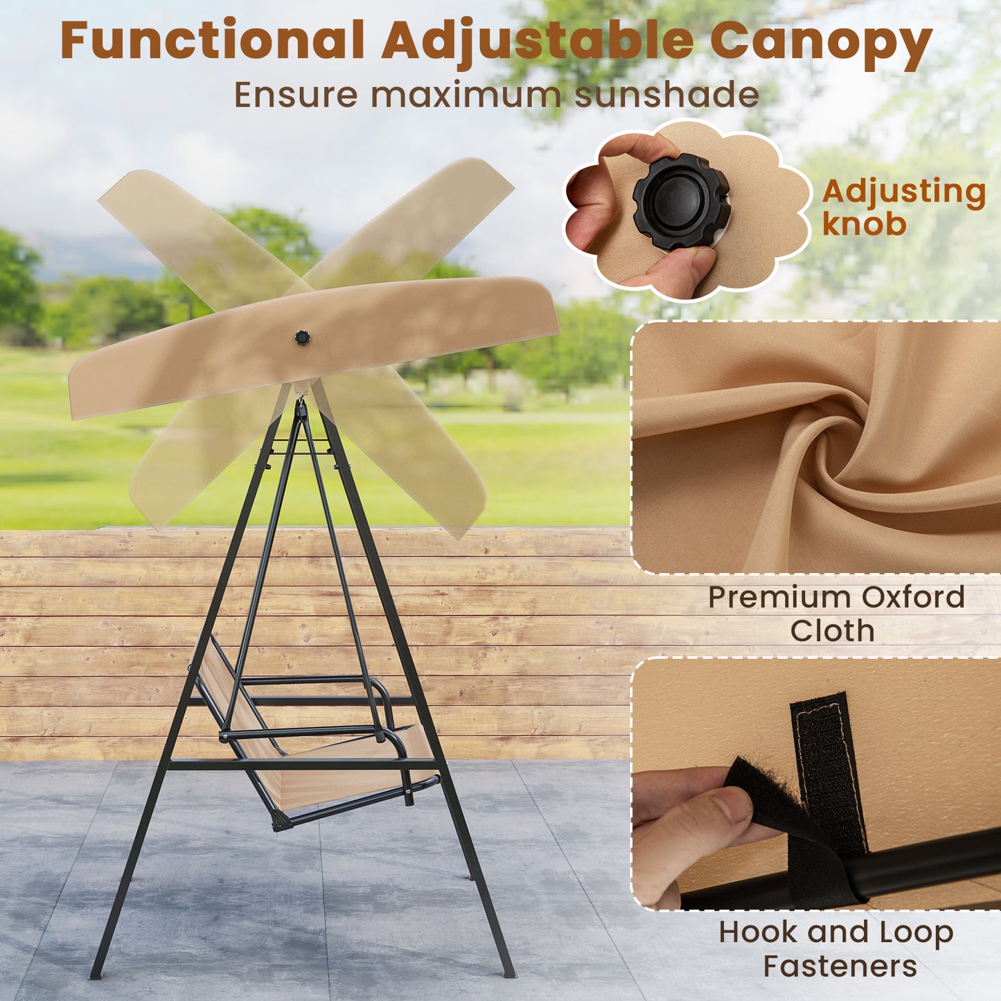 2-Person Outdoor Porch Swing with A-Shaped Metal Stand and Adjustable Canopy
