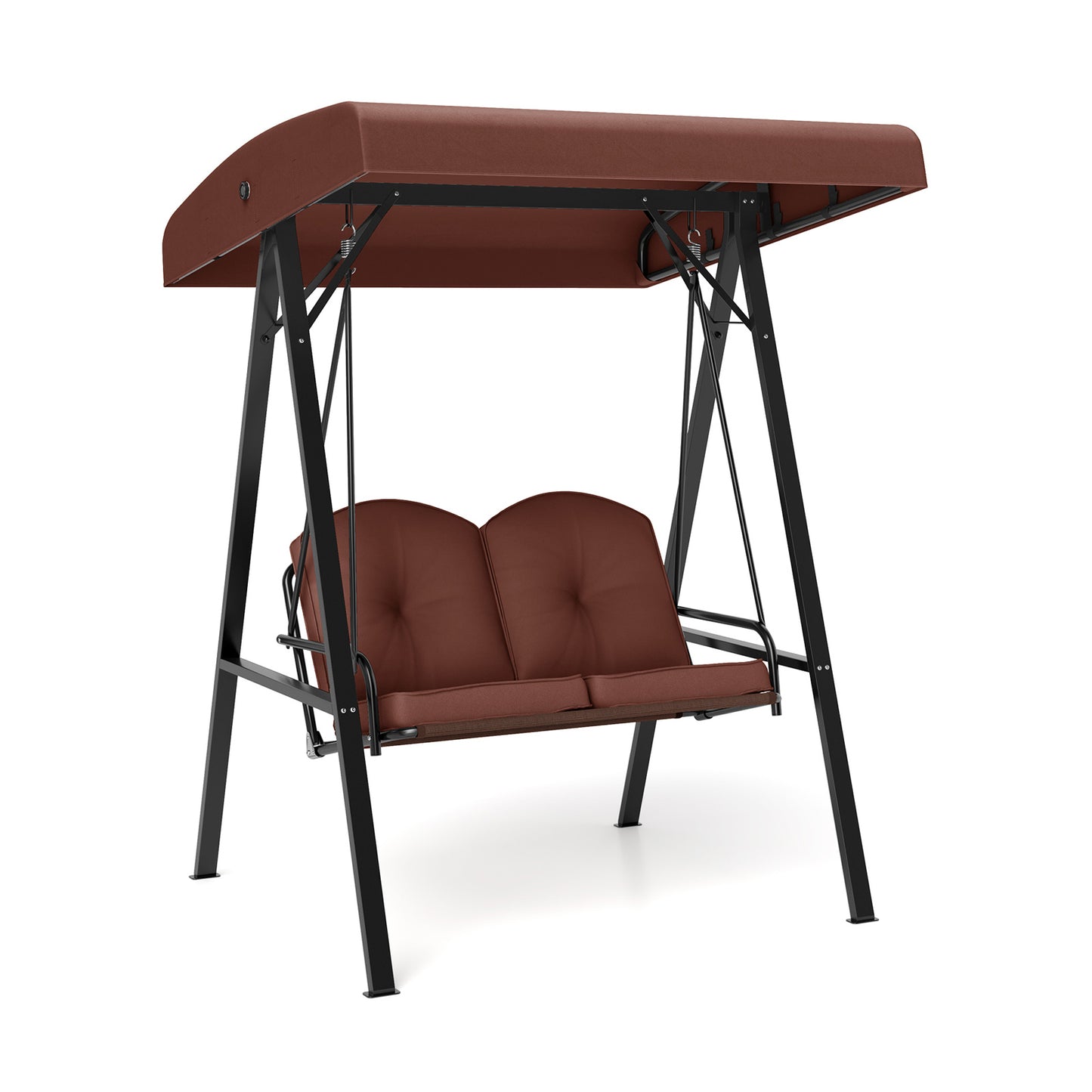 2-Person Outdoor Porch Swing with A-Shaped Metal Stand and Adjustable Canopy-Gray - Brown