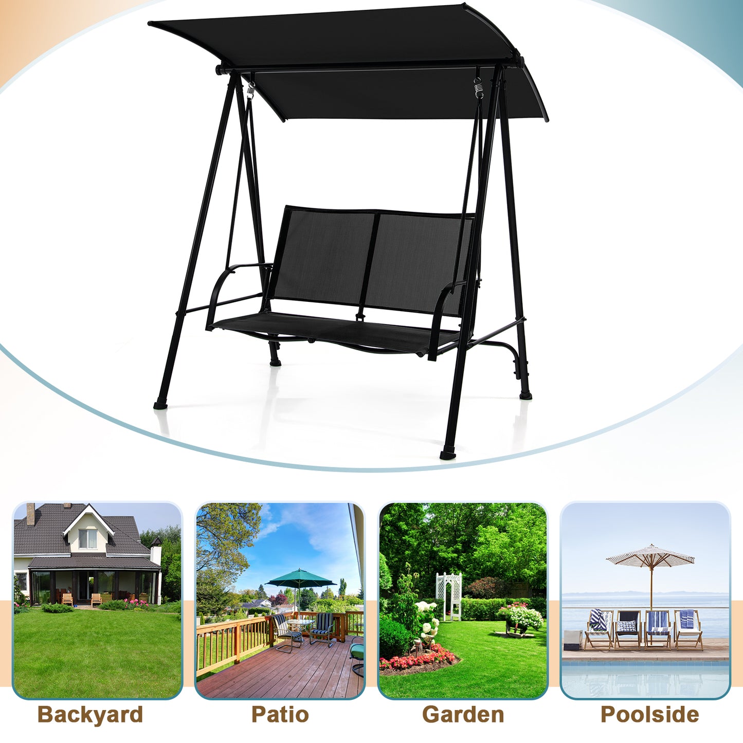 2-Seat Outdoor Canopy Swing with Comfortable Fabric Seat and Heavy-duty Metal Frame-Beige - Black