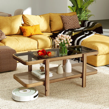2-Tier Coffee Table with Storage and Tempered Glass Tabletop