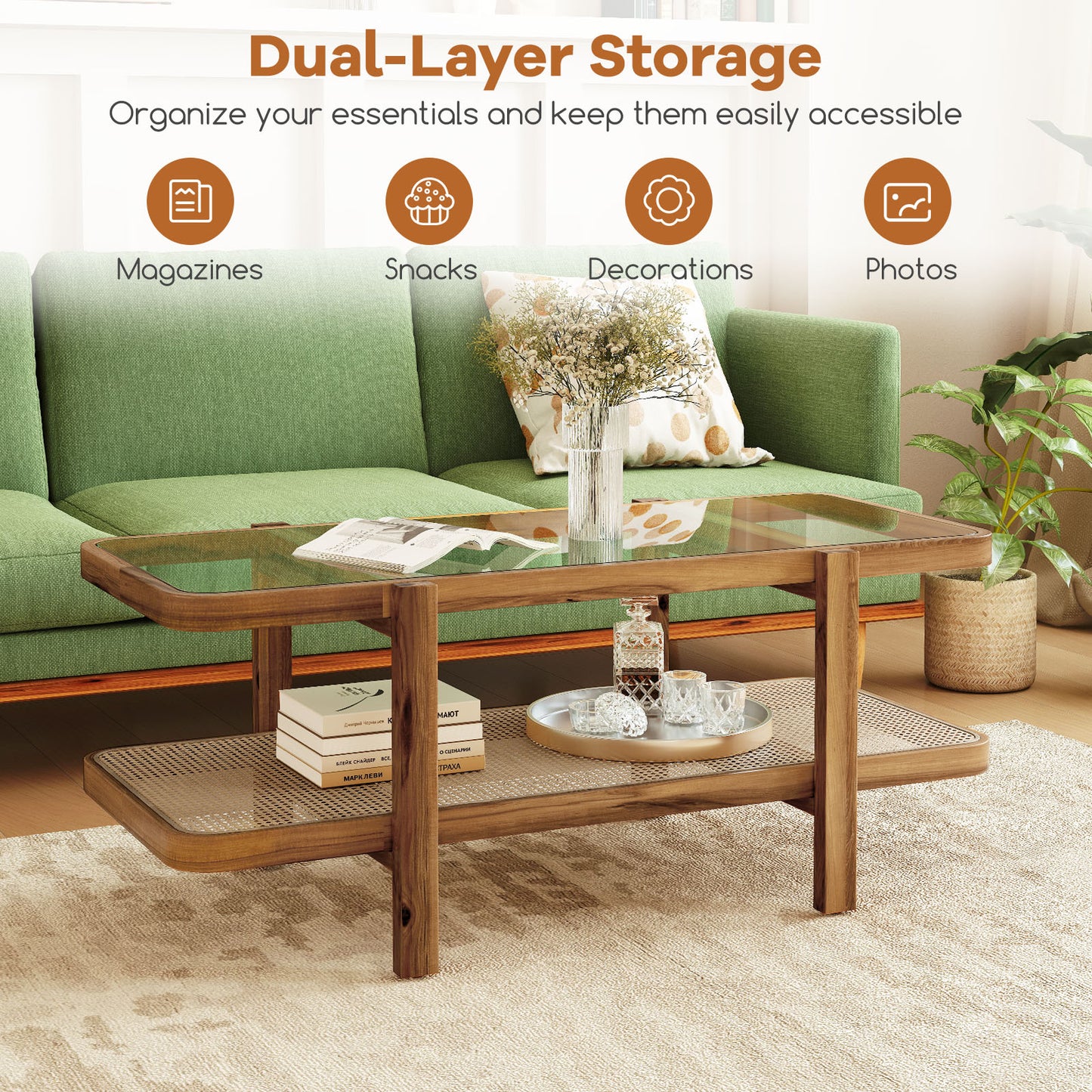2-Tier Coffee Table with Storage and Tempered Glass Tabletop