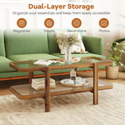 2-Tier Coffee Table with Storage and Tempered Glass Tabletop-Brown