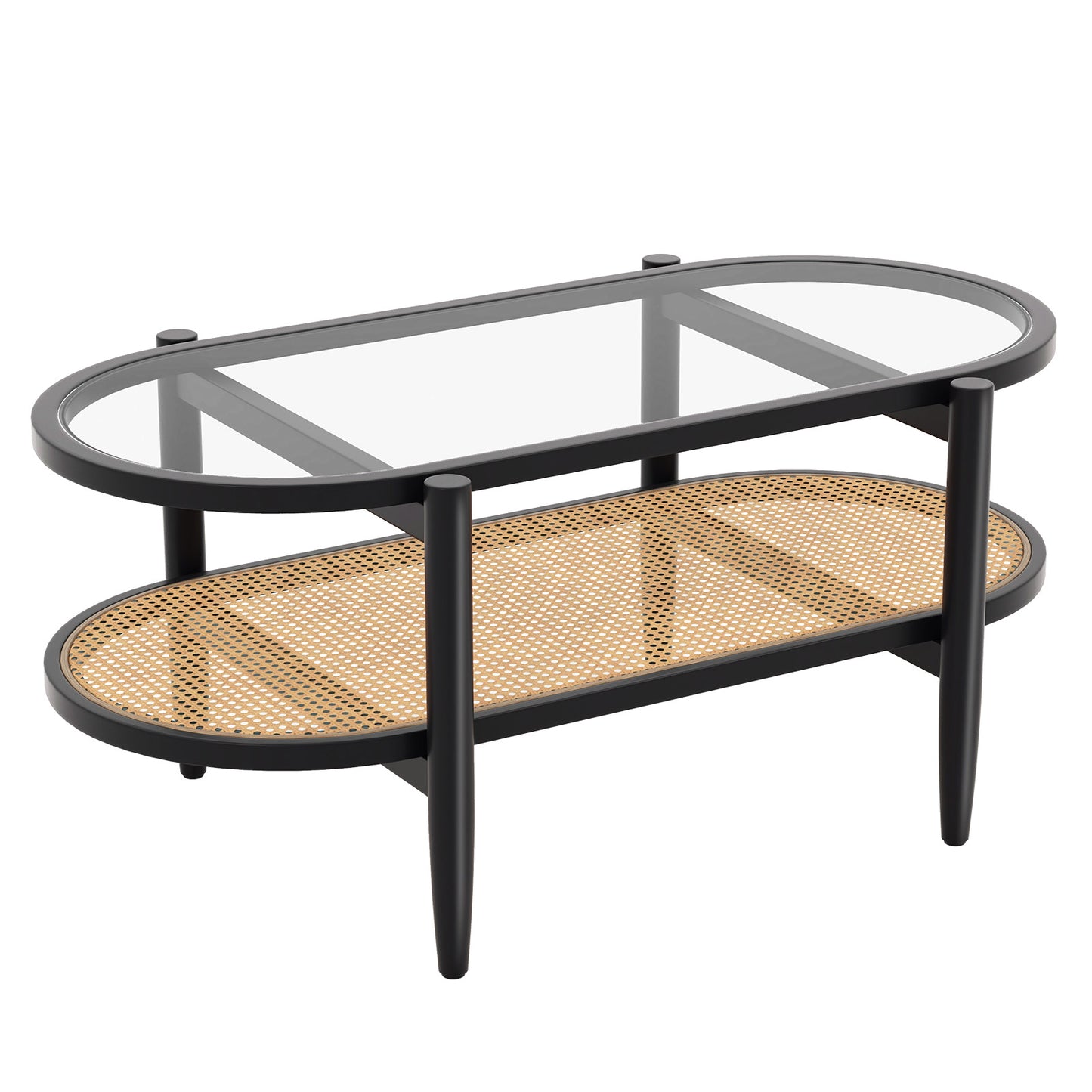 2-Tier Coffee Table with Tempered Glass Tabletop and Acacia Wood Frame-Black - Black