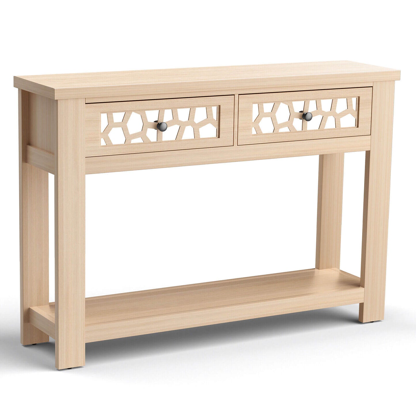 2-Tier Console Table with Drawers and Open Storage Shelf-Brown - Natural