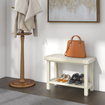 2-Tier HDPE Shower Chair with Storage Shelf and Anti-slip Foot Pads for Bath Spa-Brown - White