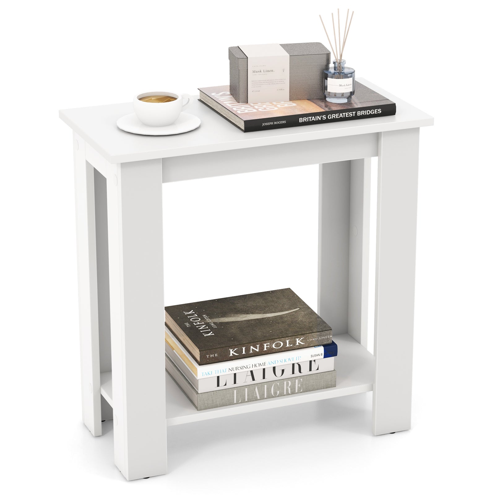 2-Tier Modern Compact End Table with Storage Shelf-Brown - White