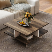 2-Tier Square Coffee Table with 4 Storage Compartments-Walnut