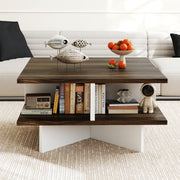 2-Tier Square Coffee Table with 4 Storage Compartments-Walnut