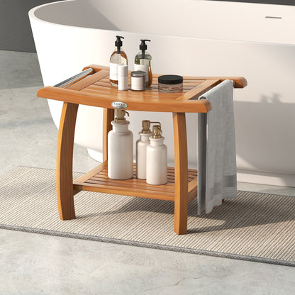 2-Tier Teak Wood Shower Bench Shower Stool with Curved Seat