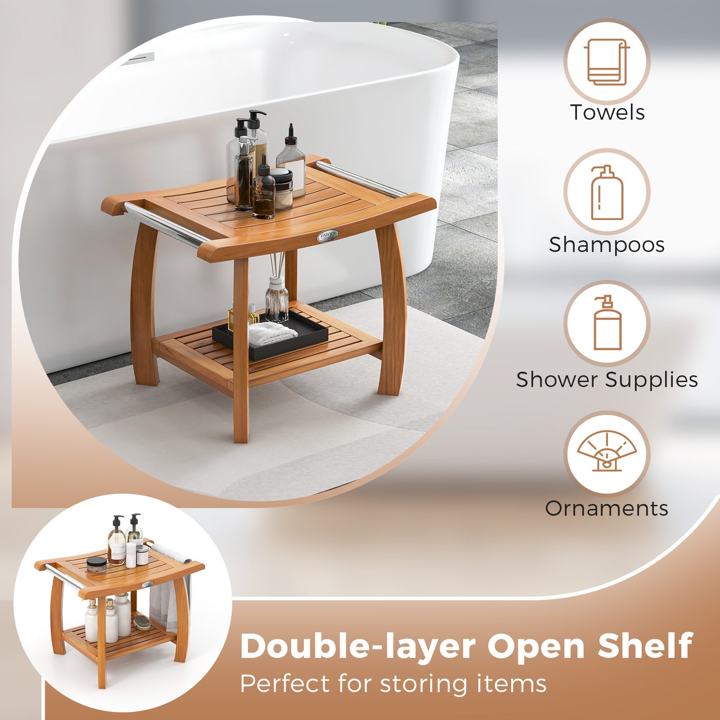 2-Tier Teak Wood Shower Bench Shower Stool with Curved Seat