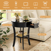 2-Tier Wood Round End Table with Open Drawer-Black