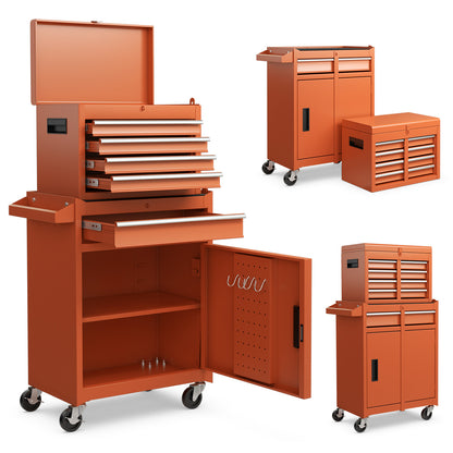 2-in-1 Rolling Tool Chest with 5 Sliding Lockable Drawers-Green - Orange