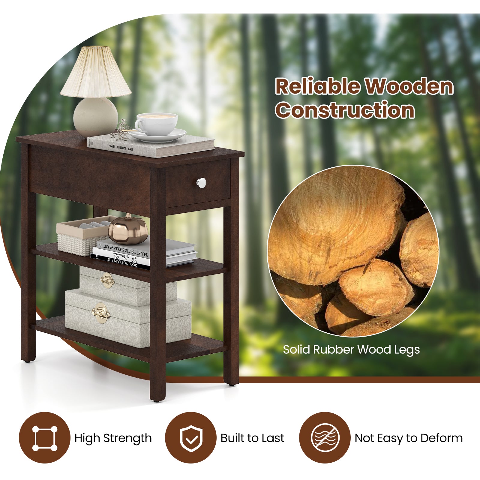 3-Tier Narrow End Table with Drawer and Storage Shelves-Walnut