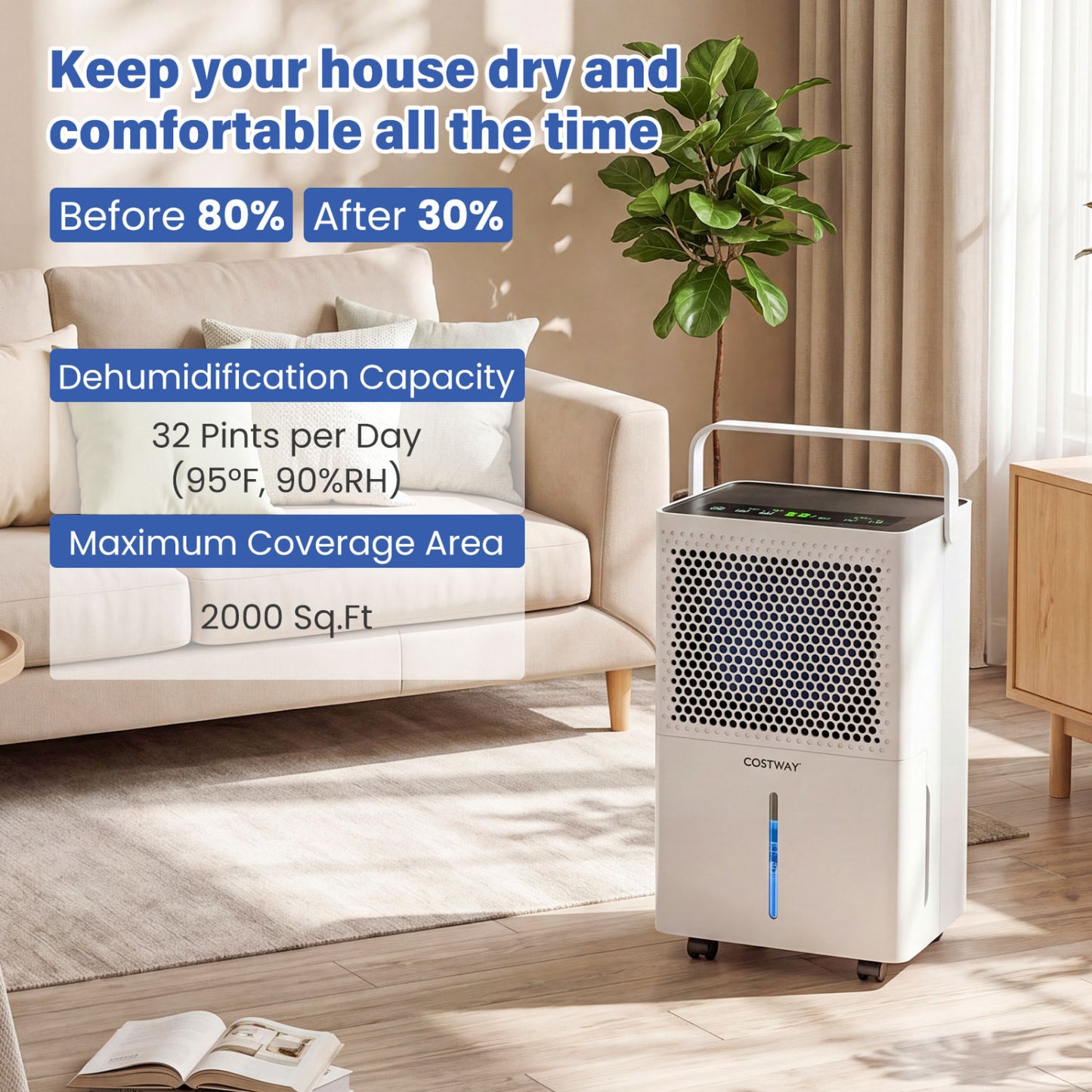 32 Pint Dehumidifier with Drain Hose for 2000 Sq Ft