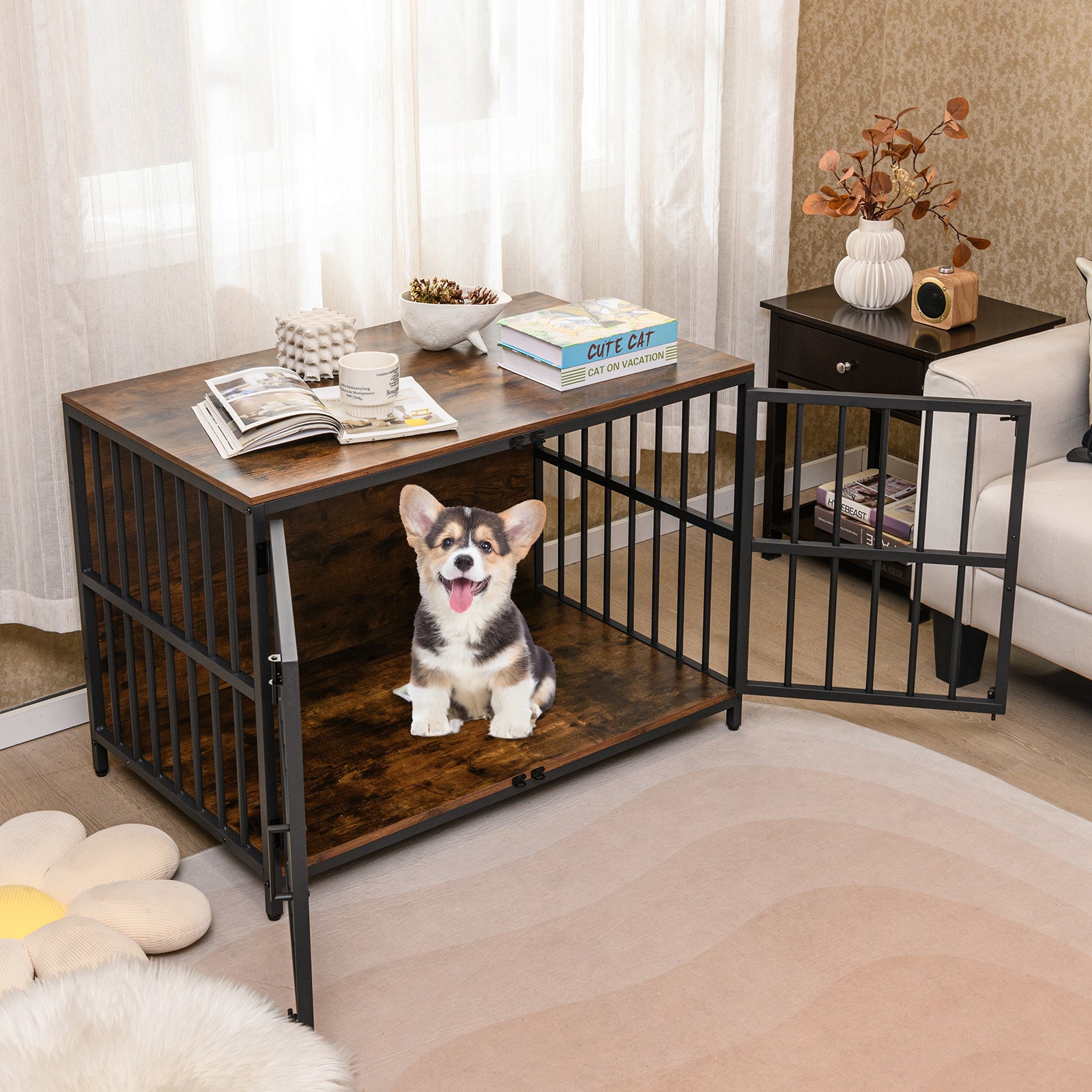 40 Inch Dog Crate Furniture Dog Kennel with Dual Lockable Double Doors-Rustic Brown