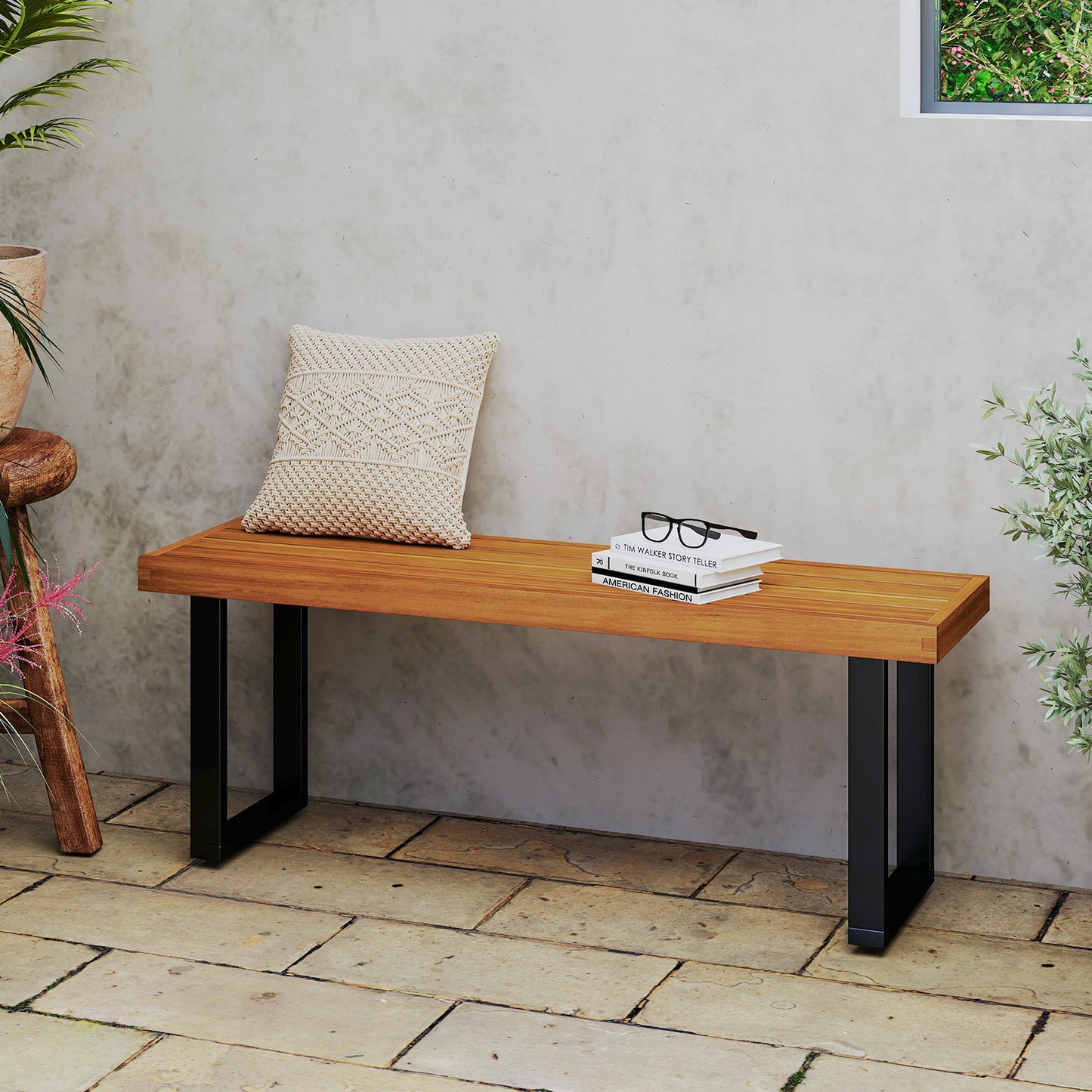 Acacia Wood Outdoor Bench 48 Inch Long Patio Dining Bench-1 Piece