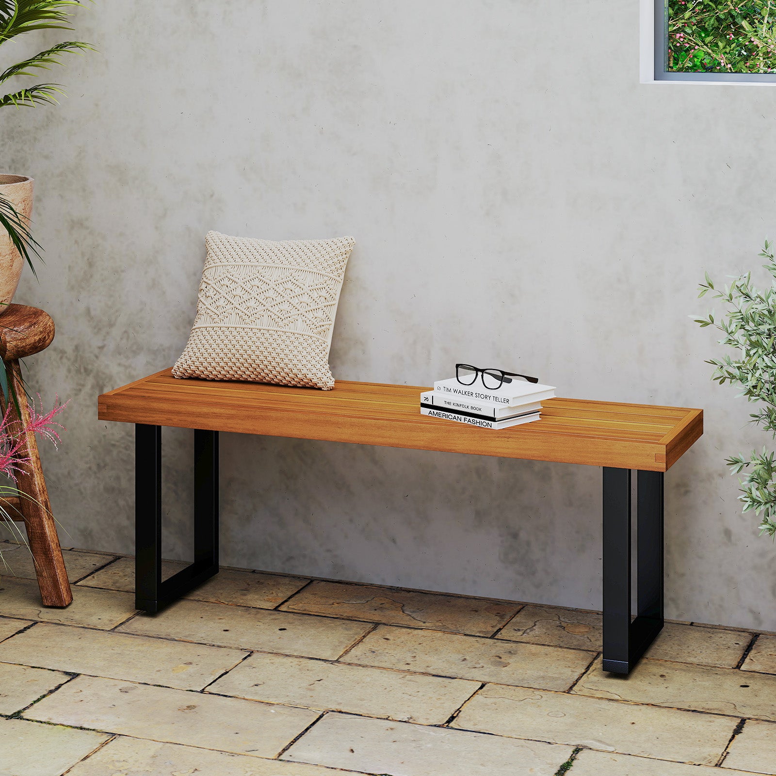Acacia Wood Outdoor Bench 48 Inch Long Patio Dining Bench-1 Piece