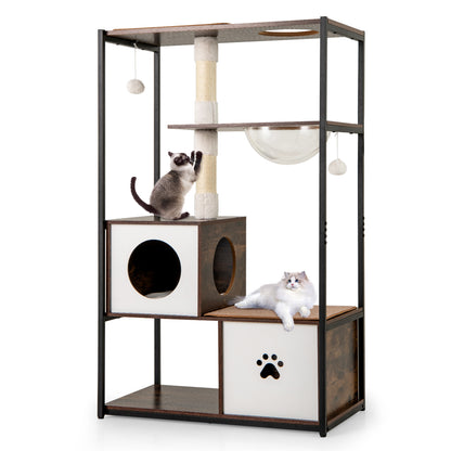 52 Inch Tall Wooden Cat Tree Metal Frame with 2 Condos and Cushions-Coffee
