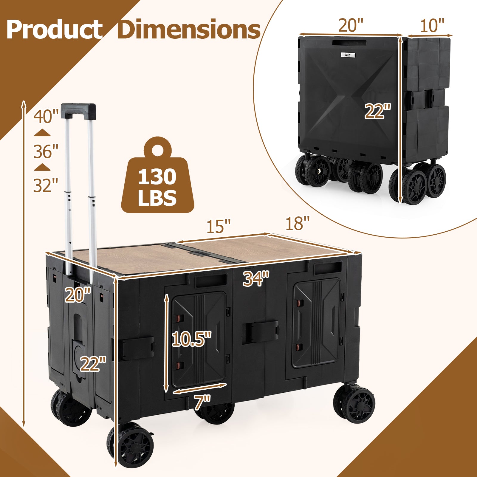Large Foldable Utility Cart with 2-Tier Storage Crates and Telescoping Handle-Black