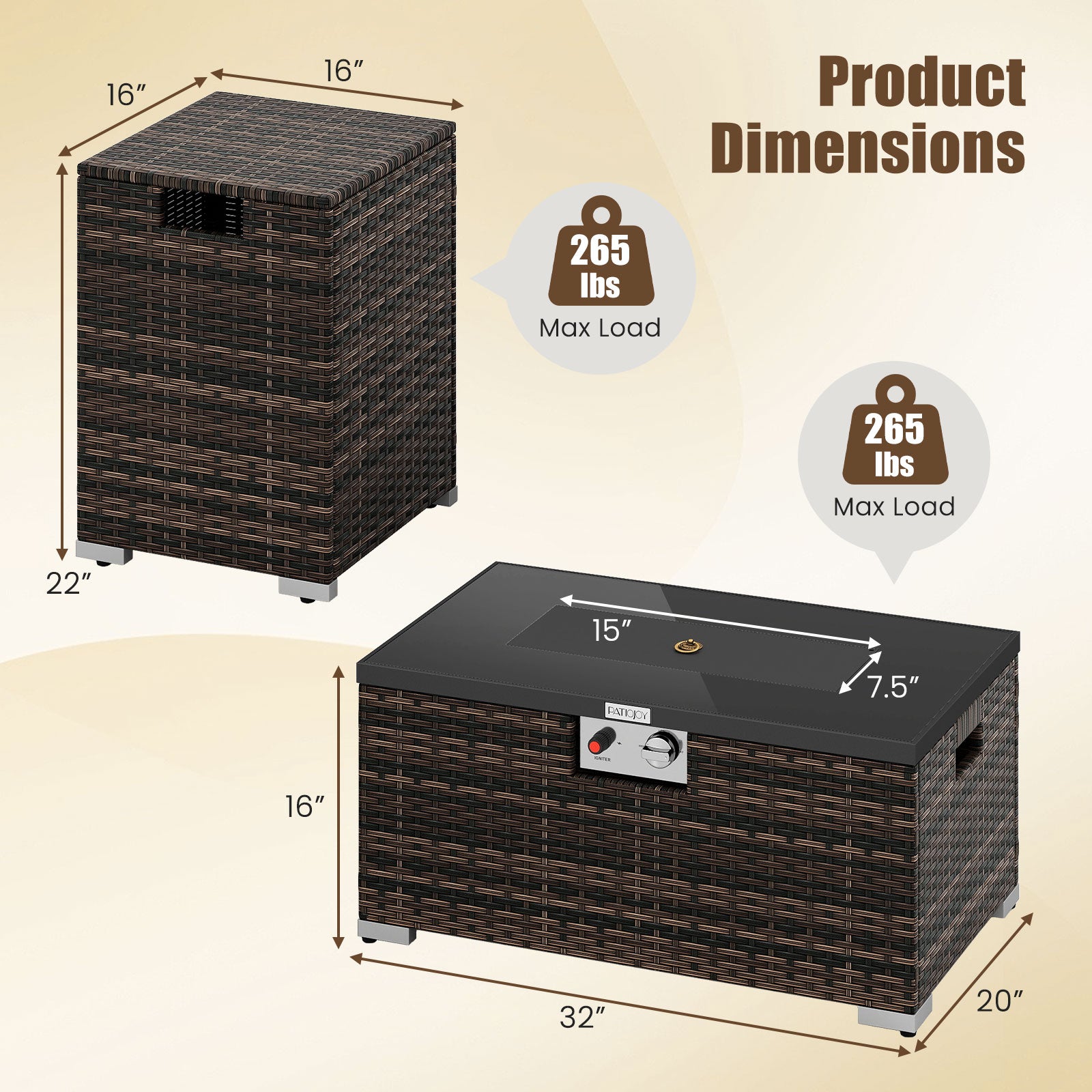 2-Piece Outdoor Rattan Fire Table Set 32 Inch Rectangle Gas Firepit with Tank Cover-Brown