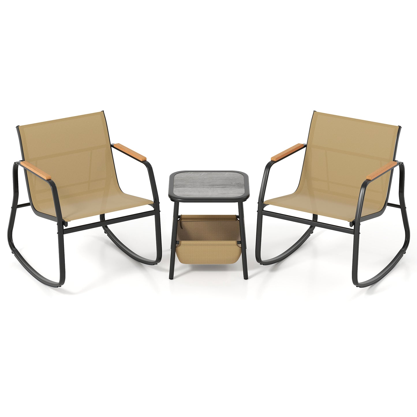 3 Piece Rocking Bistro Chairs and Side Table Set with Storage Bag-Brown