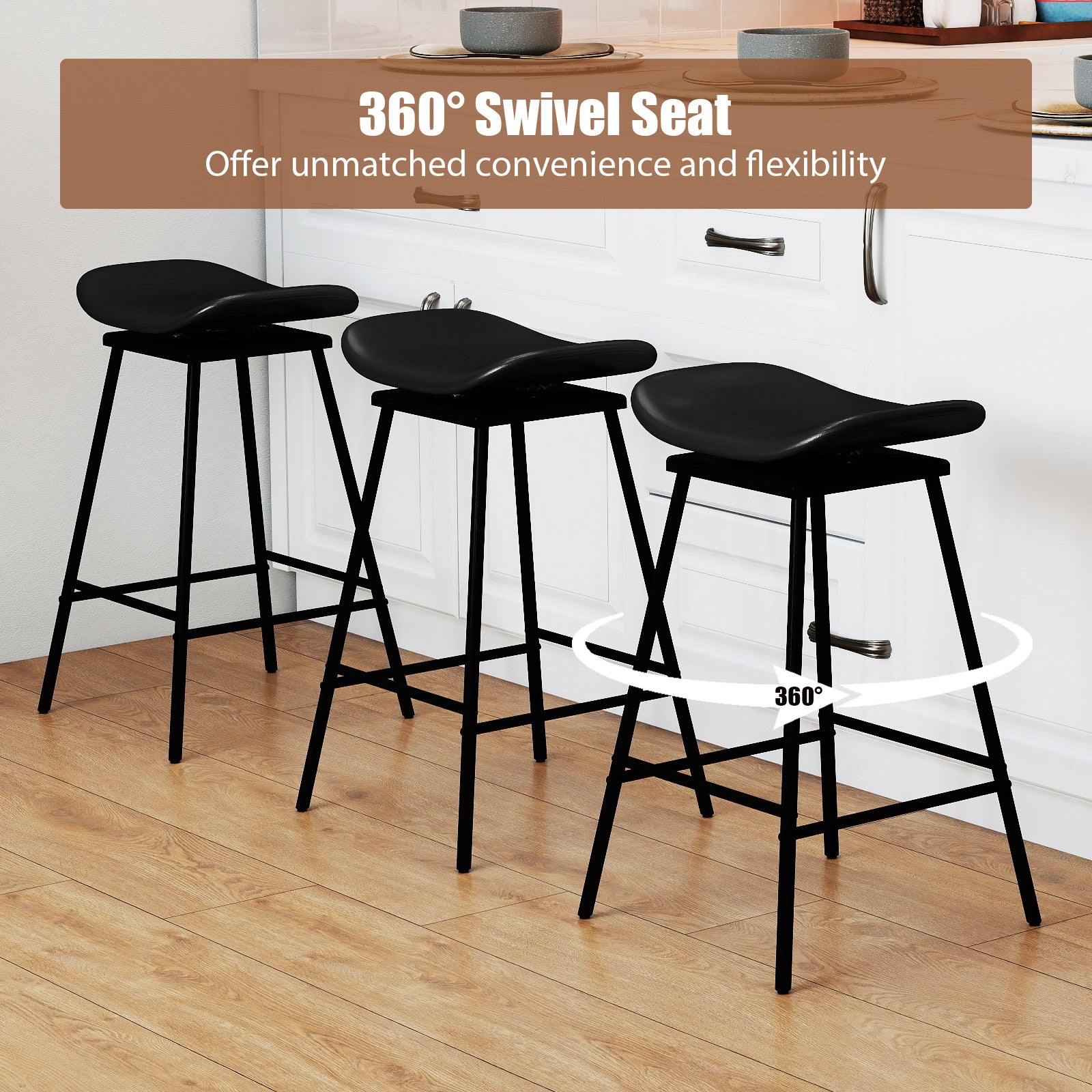 Set of 2 Swivel Barstools Faux Leather Upholstered Backless with Footrest-Black