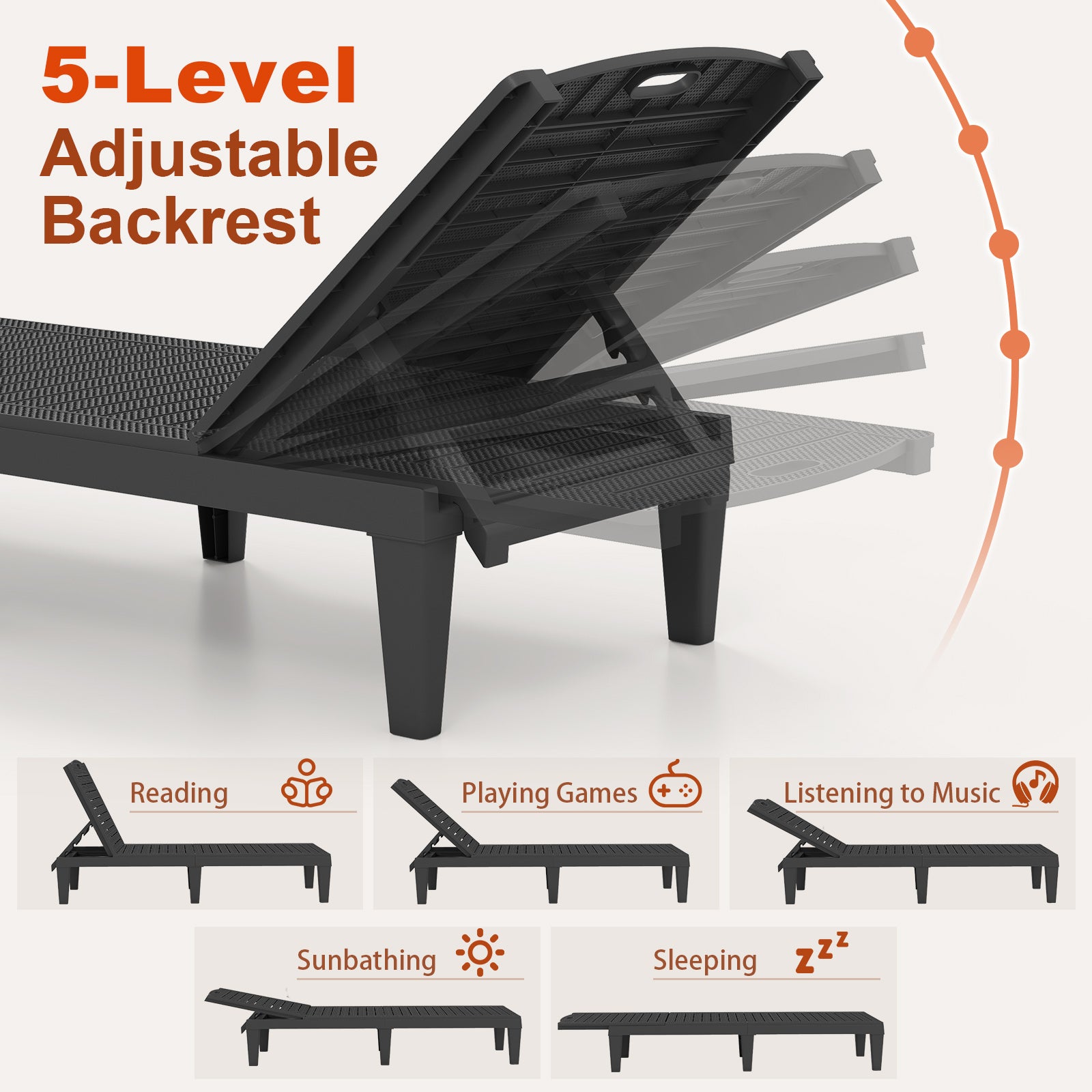 Outdoor PP Chaise Lounge Chairs Set of 2 with 4-Position Adjustable Backrests-Black